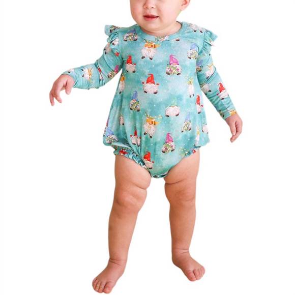 NEW POSH PEANUT girl's long sleeve ruffled bubble romper in gnomey - Picture 2 of 2